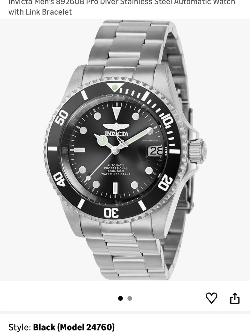 Invicta Stainless Steel Diver Watch in Black and Silver automatic
